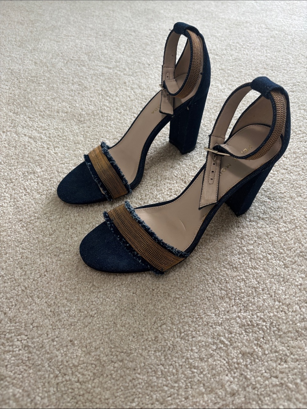 Pelle Moda Navy and Tan Block Heel Sandals